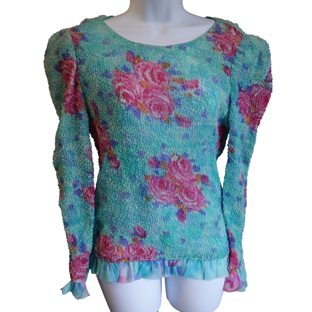Vintage 50s Retro Floral Puff‎ Sleeve Ruffle Textured Blouse Top Grandmacore 6